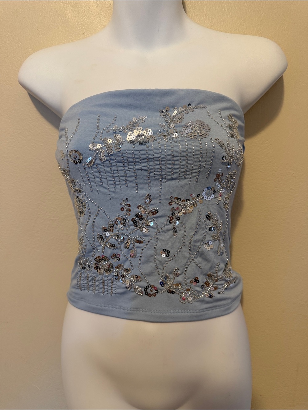 Strapless Sequin-Embellished Light Blue Crop Top